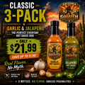 Arizona Squatch Outdoors Classic 3-Pack Hot Sauce Bundle featuring bold Garlic Hot Sauce and fresh Jalapeño Hot Sauce in 5-ounce bottles, displayed with roasted garlic cloves and sliced jalapeños against a dramatic Arizona desert sunset. The promotional image highlights the savory garlic flavor, bright jalapeño heat, $21.99 bundle price, and “Real Flavor. No Myth.” tagline.