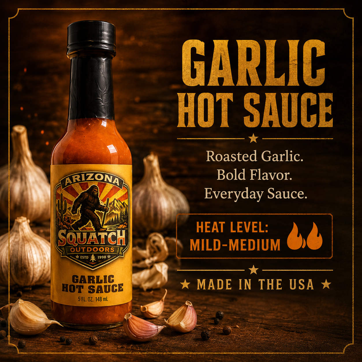 Arizona Squatch Outdoors Garlic Hot Sauce, small-batch artisan hot sauce with roasted garlic and mild-medium heat. Flavor Forward