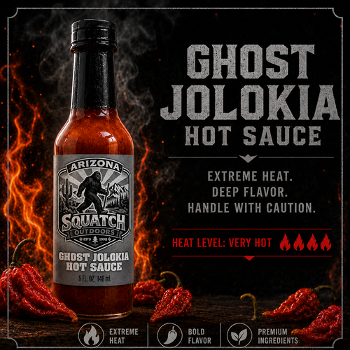 Arizona Squatch Outdoors Ghost Jolokia Hot Sauce bottle with authentic ghost peppers, smoky flavor, and extra spicy heat. Made in the USA. Flavor-Forward