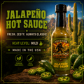 Arizona Squatch Outdoors Jalapeño Hot Sauce bottle with fresh green jalapeños, mild heat, and zesty flavor. Made in the USA Flavor-Forward