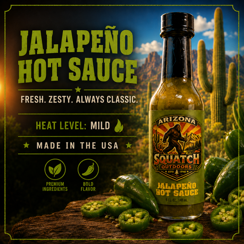 Arizona Squatch Outdoors Jalapeño Hot Sauce bottle with fresh green jalapeños, mild heat, and zesty flavor. Made in the USA Flavor-Forward
