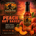 Arizona Squatch Outdoors Peach Hot Sauce bottle with sweet ripe peach flavor, medium heat, artisan made in the USA. Flavor-Forward