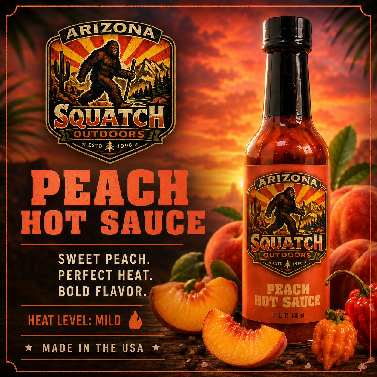 Arizona Squatch Outdoors Peach Hot Sauce bottle with sweet ripe peach flavor, medium heat, artisan made in the USA. Flavor-Forward