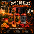 Arizona Squatch Outdoors Premium Flavors three-bottle hot sauce bundle featuring Mango Scotch Bonnet, Peach, and Ghost Jolokia hot sauces on a rustic wooden surface with mango, peach, and hot peppers. The promotional image advertises “Any 3 Bottles,” mix and match any flavors, for $24.99, with Arizona sunset and fiery backgrounds, the Arizona Squatch Outdoors ESTD 1998 logo, and Made in the USA branding.