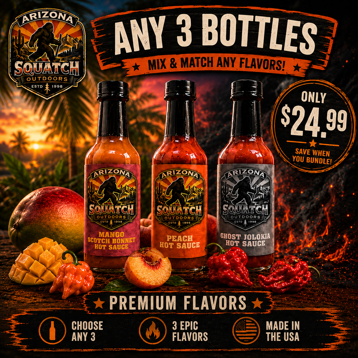 Arizona Squatch Outdoors Premium Flavors three-bottle hot sauce bundle featuring Mango Scotch Bonnet, Peach, and Ghost Jolokia hot sauces on a rustic wooden surface with mango, peach, and hot peppers. The promotional image advertises “Any 3 Bottles,” mix and match any flavors, for $24.99, with Arizona sunset and fiery backgrounds, the Arizona Squatch Outdoors ESTD 1998 logo, and Made in the USA branding.