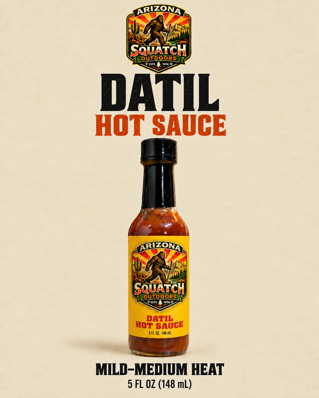 Arizona Squatch Outdoors Datil Hot Sauce, mild-medium heat, 5 fl oz bottle.