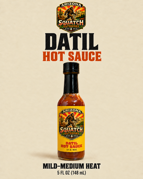 Arizona Squatch Outdoors Datil Hot Sauce, mild-medium heat, 5 fl oz bottle.