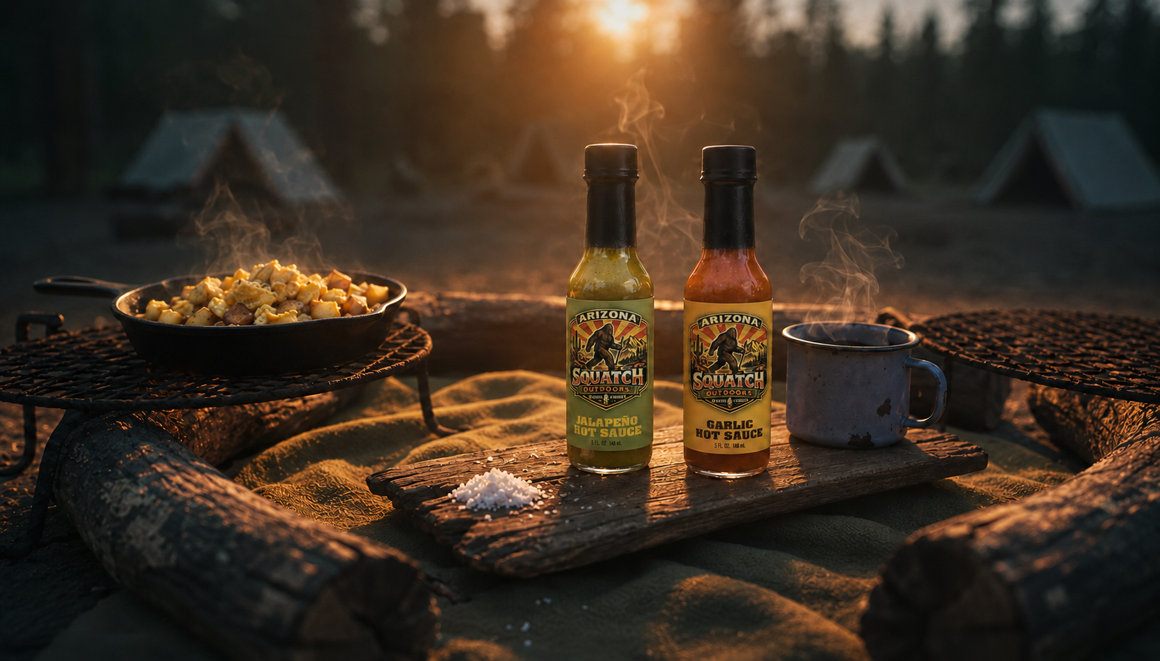 Arizona Squatch Outdoors Garlic and Jalapeño hot sauces beside camp coffee and a skillet of scrambled eggs and potatoes at sunrise.