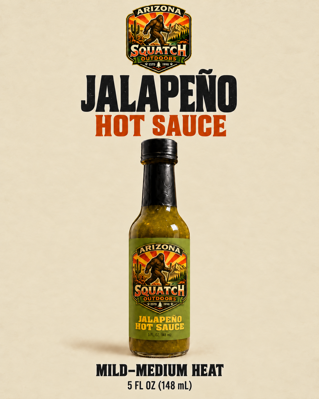 Arizona Squatch Outdoors Jalapeño Hot Sauce, mild-medium heat, 5 fl oz bottle.