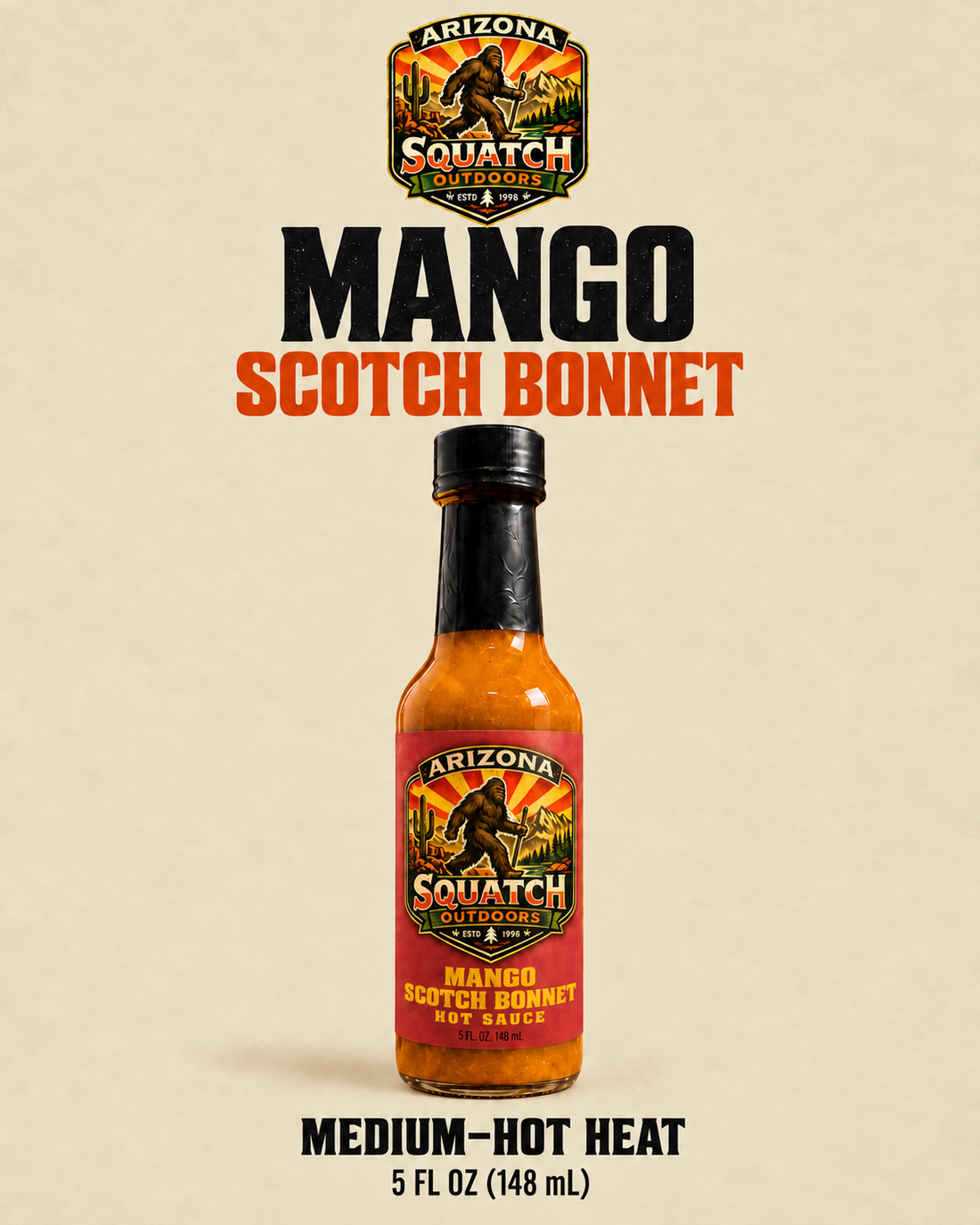 Arizona Squatch Outdoors Mango Scotch Bonnet Hot Sauce, medium-hot heat, 5 fl oz bottle.