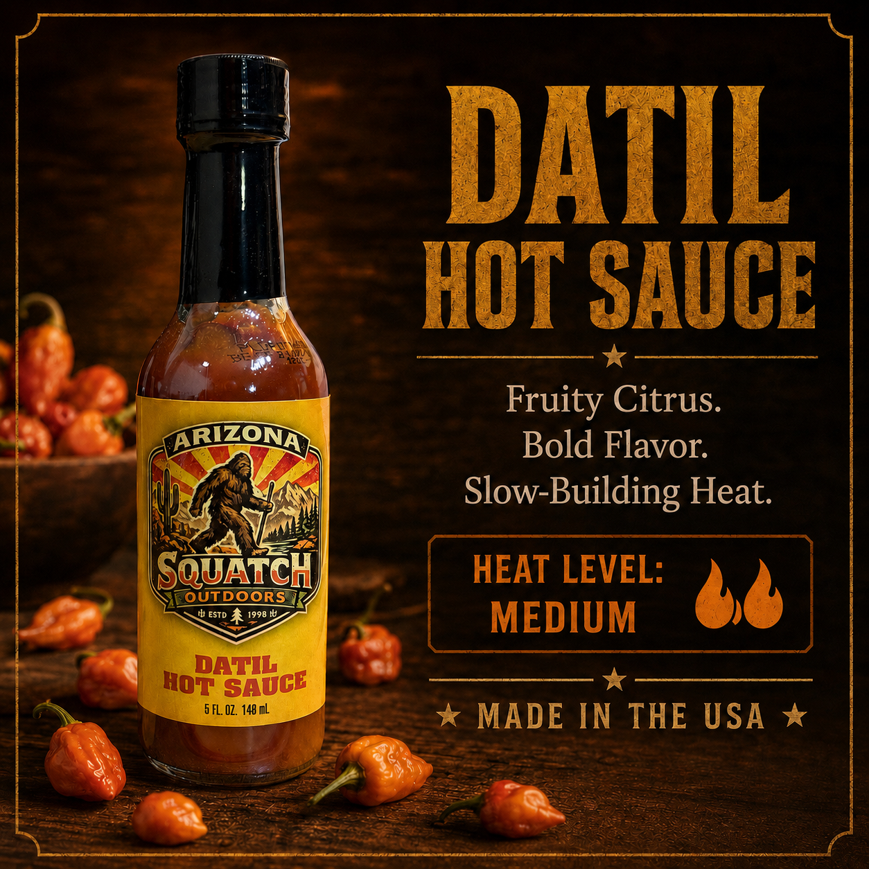 Arizona Squatch Outdoors Datil Hot Sauce, a fruity citrus hot sauce with bold flavor, slow-building medium heat, and made in the USA.