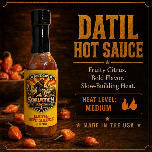 Arizona Squatch Outdoors Datil Hot Sauce, a fruity citrus hot sauce with bold flavor, slow-building medium heat, and made in the USA.