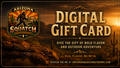 Arizona Squatch Outdoors digital gift card promotional graphic with a desert sunset landscape, large gold text reading 'DIGITAL GIFT CARD,' the Arizona Squatch Outdoors logo on the left, and redemption website text at the bottom.