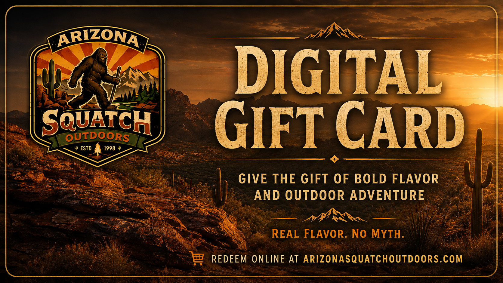 Arizona Squatch Outdoors digital gift card promotional graphic with a desert sunset landscape, large gold text reading 'DIGITAL GIFT CARD,' the Arizona Squatch Outdoors logo on the left, and redemption website text at the bottom.