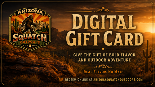 Arizona Squatch Outdoors digital gift card promotional graphic with a desert sunset landscape, large gold text reading 'DIGITAL GIFT CARD,' the Arizona Squatch Outdoors logo on the left, and redemption website text at the bottom.