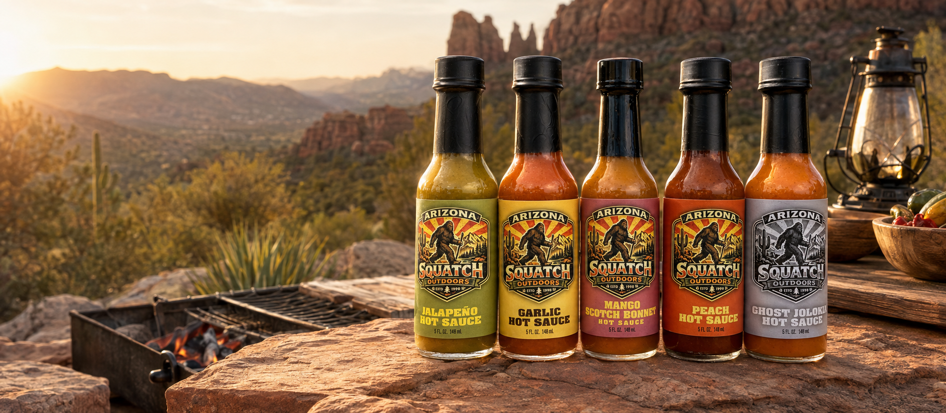 Five Arizona Squatch Outdoors hot sauces—Jalapeño, Garlic, Mango Scotch Bonnet, Peach and Ghost Jolokia—displayed in the Arizona desert.