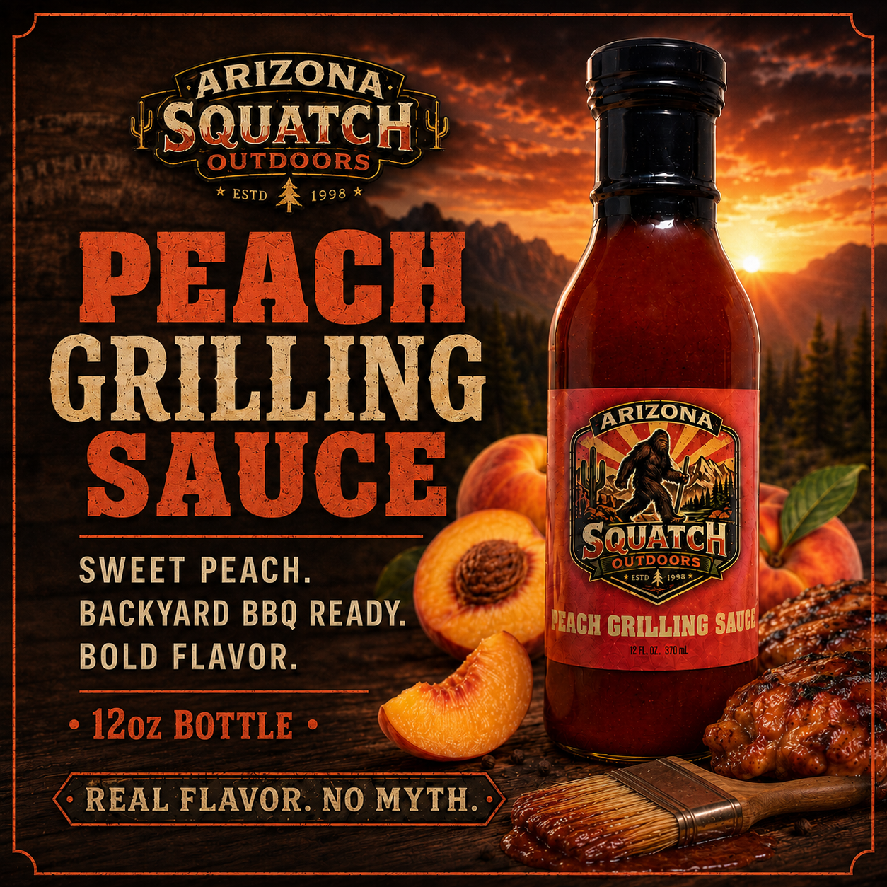 Flavor-forward Arizona Squatch Outdoors Peach Grilling Sauce in a 12 oz bottle, artisan small batch and made in the USA, displayed with fresh peaches and glazed grilled chicken.