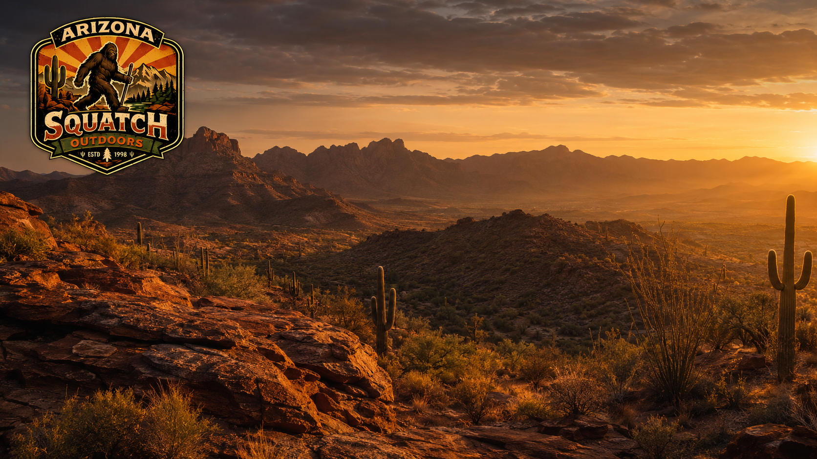 Arizona Squatch Outdoors ESTD 1998 logo overlooking a rugged Arizona desert landscape with mountains and saguaro cacti at sunset.